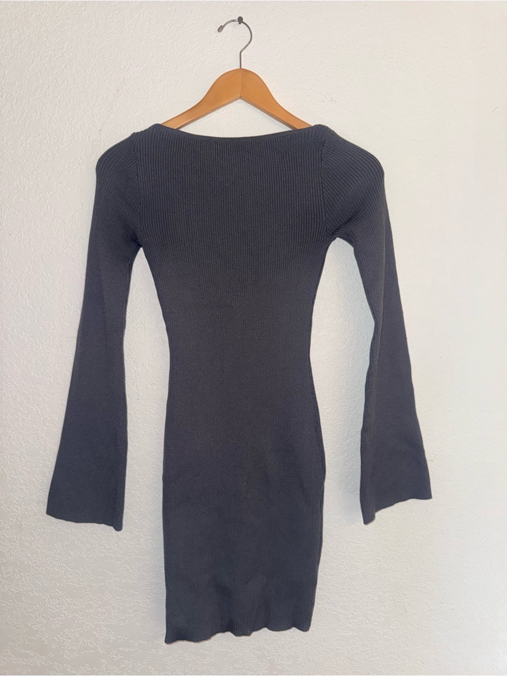 H&M Gray Ribbed Mini Dress with Bell Sleeves